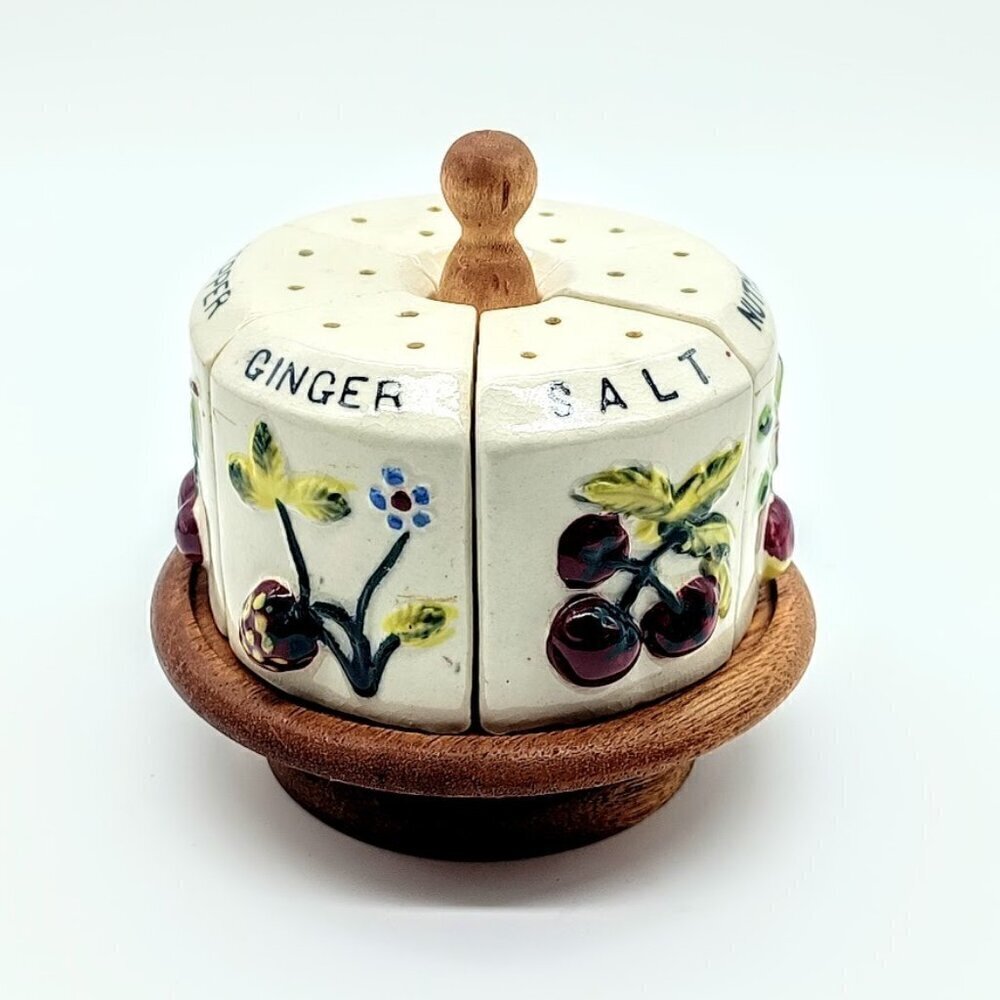 Vintage Porcelain Spice Jar Shakers Wood Carousel